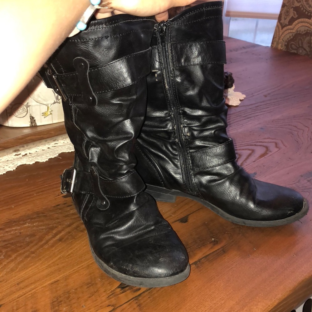 Report strappy black faux leather boots, size 7,5